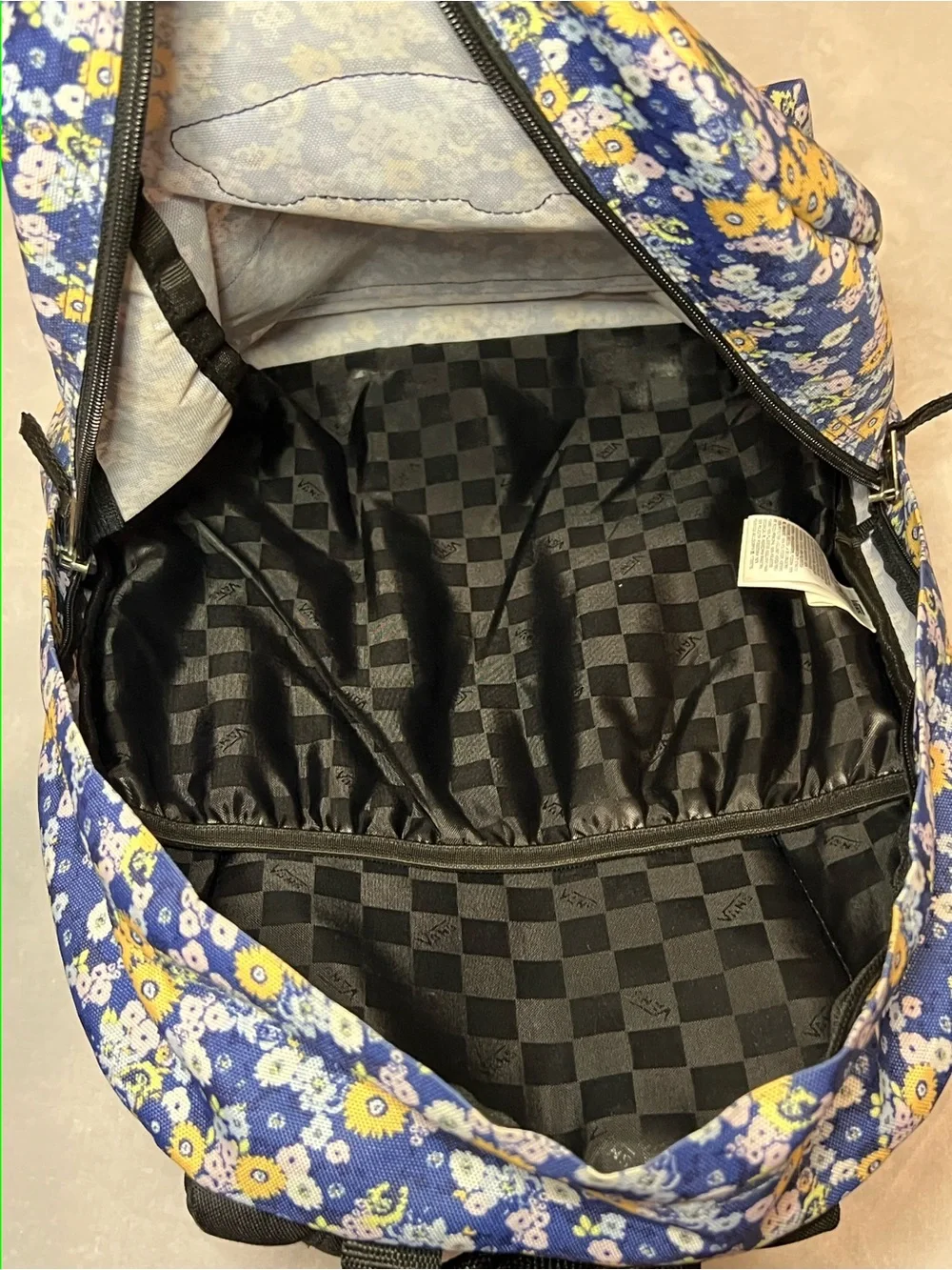 VANS Floral Backpack Blue/Yellow White Pattern  Zip Closure Inner/Outer Pockets